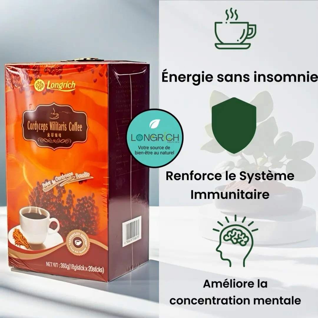 Café Longrich au Cordyceps Militaris décaféiné pour le bien-être et la vitalité.