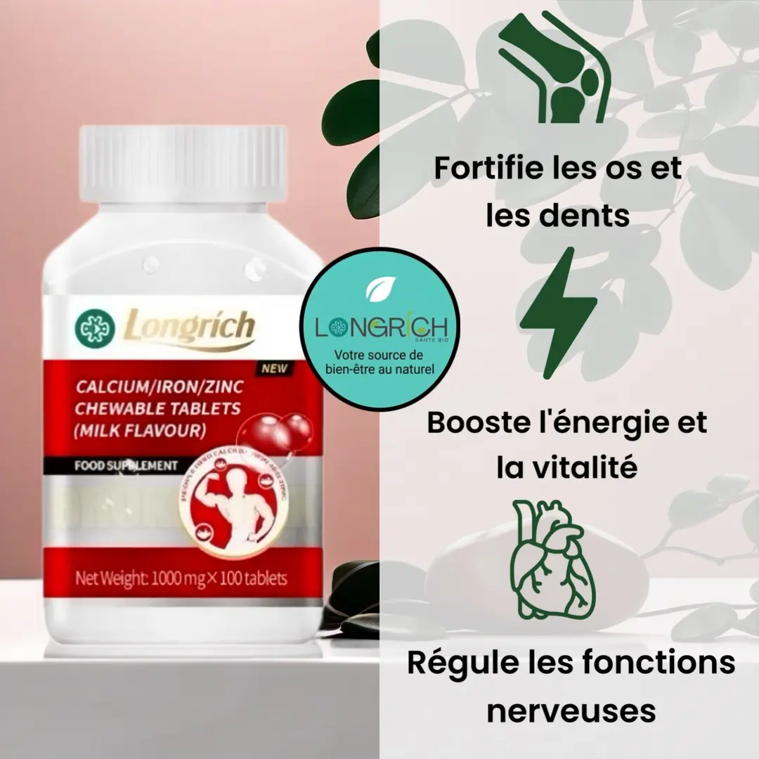 Comprimés de Calcium Longrich à croquer pour la solidité osseuse et l'énergie quotidienne.