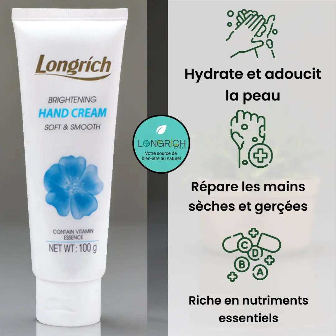 Crème de mains Longrich hydratante et nourrissante pour peaux sèches.