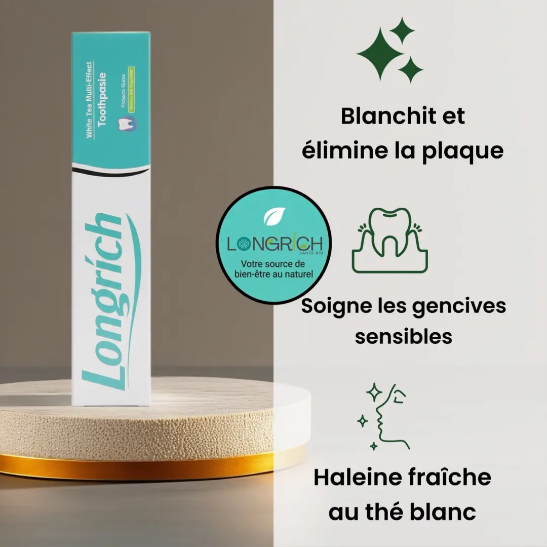Pâte dentifrice Longrich au thé blanc sans fluor pour le traitement des saignements de gencives.