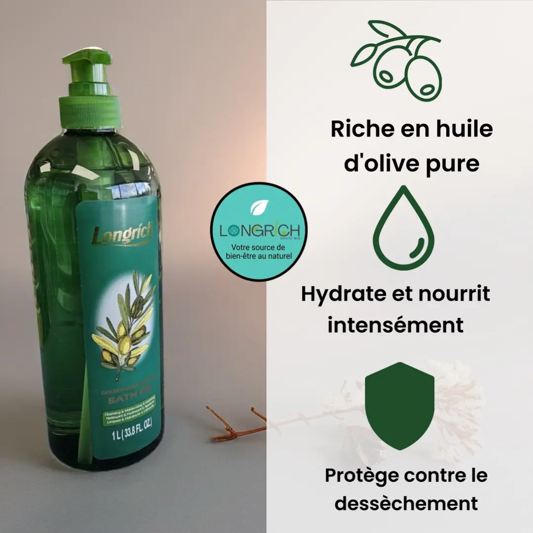 Gel douche Longrich Golden à l'huile d'olive pour peaux sèches et sensibles.