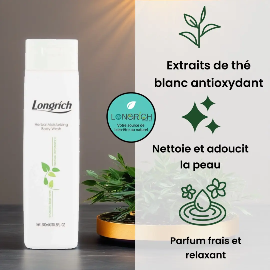 Gel douche Longrich multi-effet au thé blanc pour une peau douce et hydratée.
