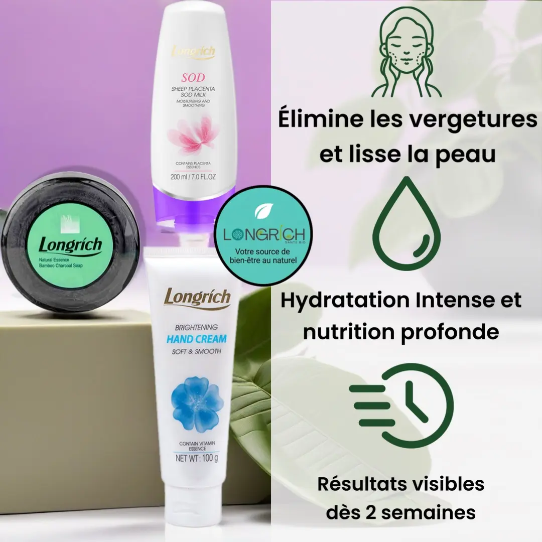 Kit complet Longrich contre les vergetures comprenant le savon au bambou, le lait SOD et la crème réparatrice. 