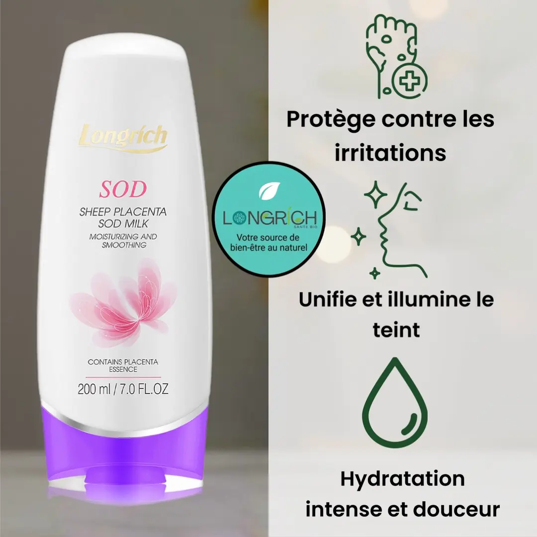 Lait de corps Longrich SOD Milk au placenta de brebis pour hydrater et unifier le teint naturellement.