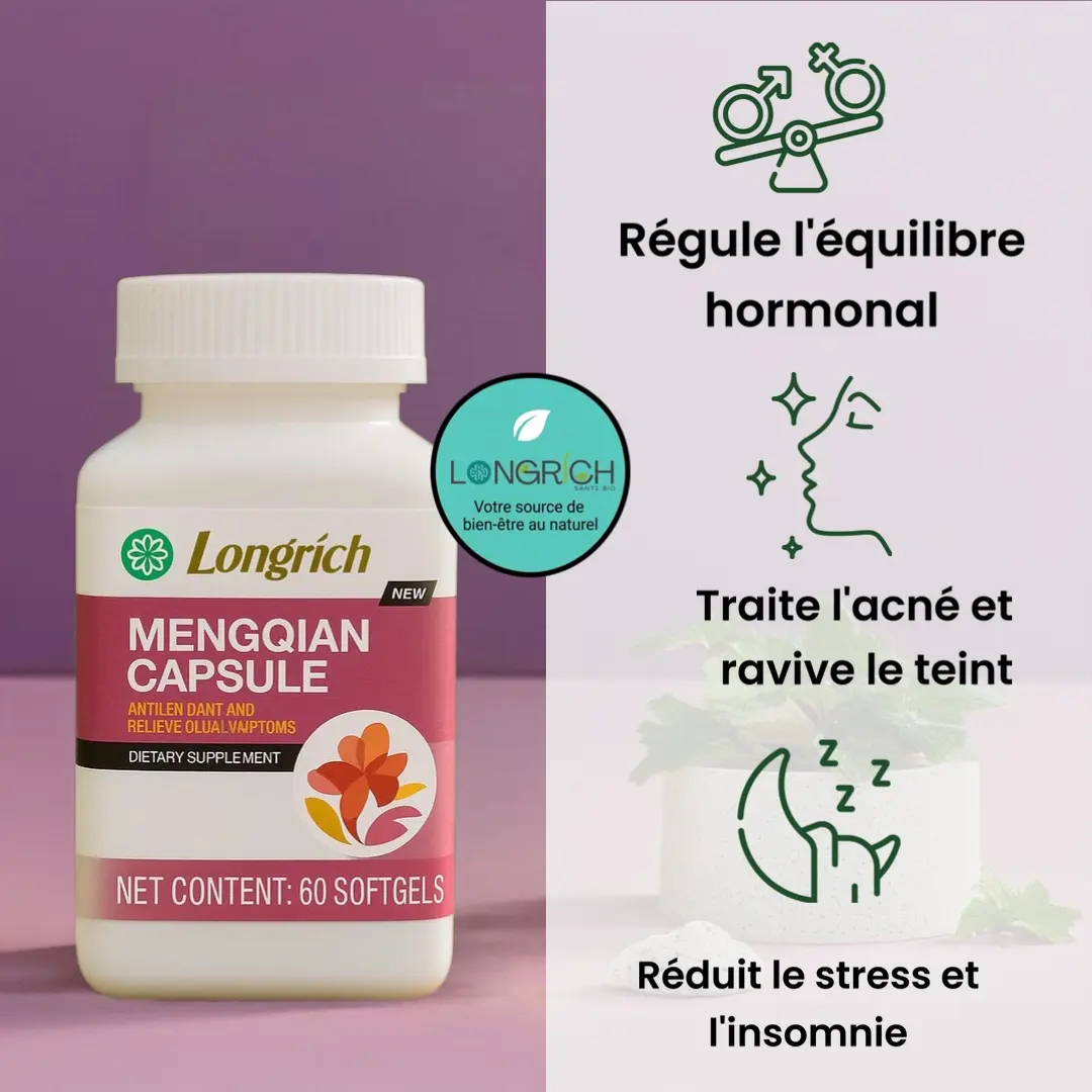 Complément alimentaire Mengqian Longrich pour l'équilibre hormonal et la fertilité féminine.