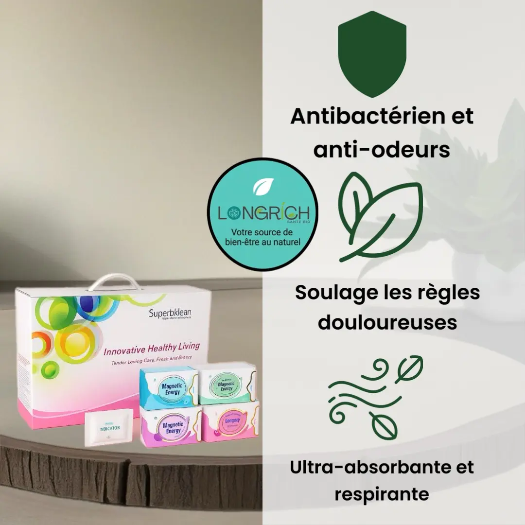 Serviettes hygiéniques Longrich avec bande d'anions pour le confort menstruel et la prévention des infections.
