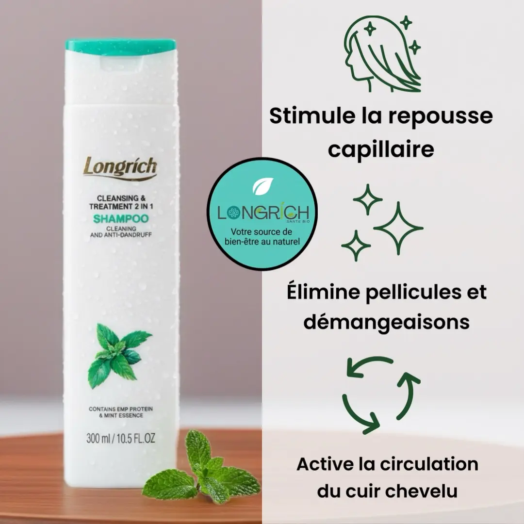 Shampoing Longrich au gingembre naturel pour la croissance des cheveux et le traitement des pellicules.