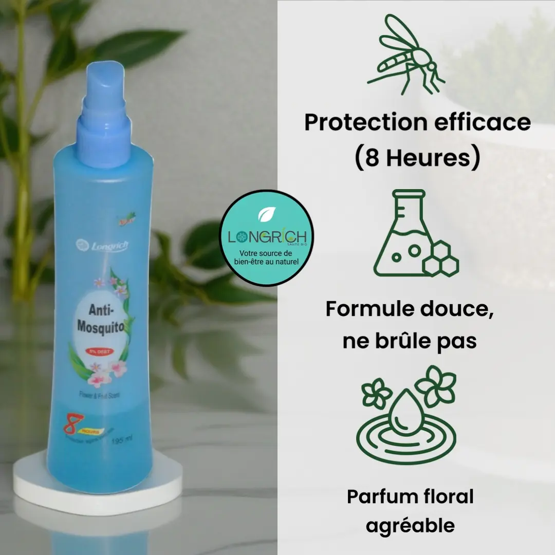 Spray anti-moustique Longrich Flower Florida Water pour une protection longue durée contre les piqûres.