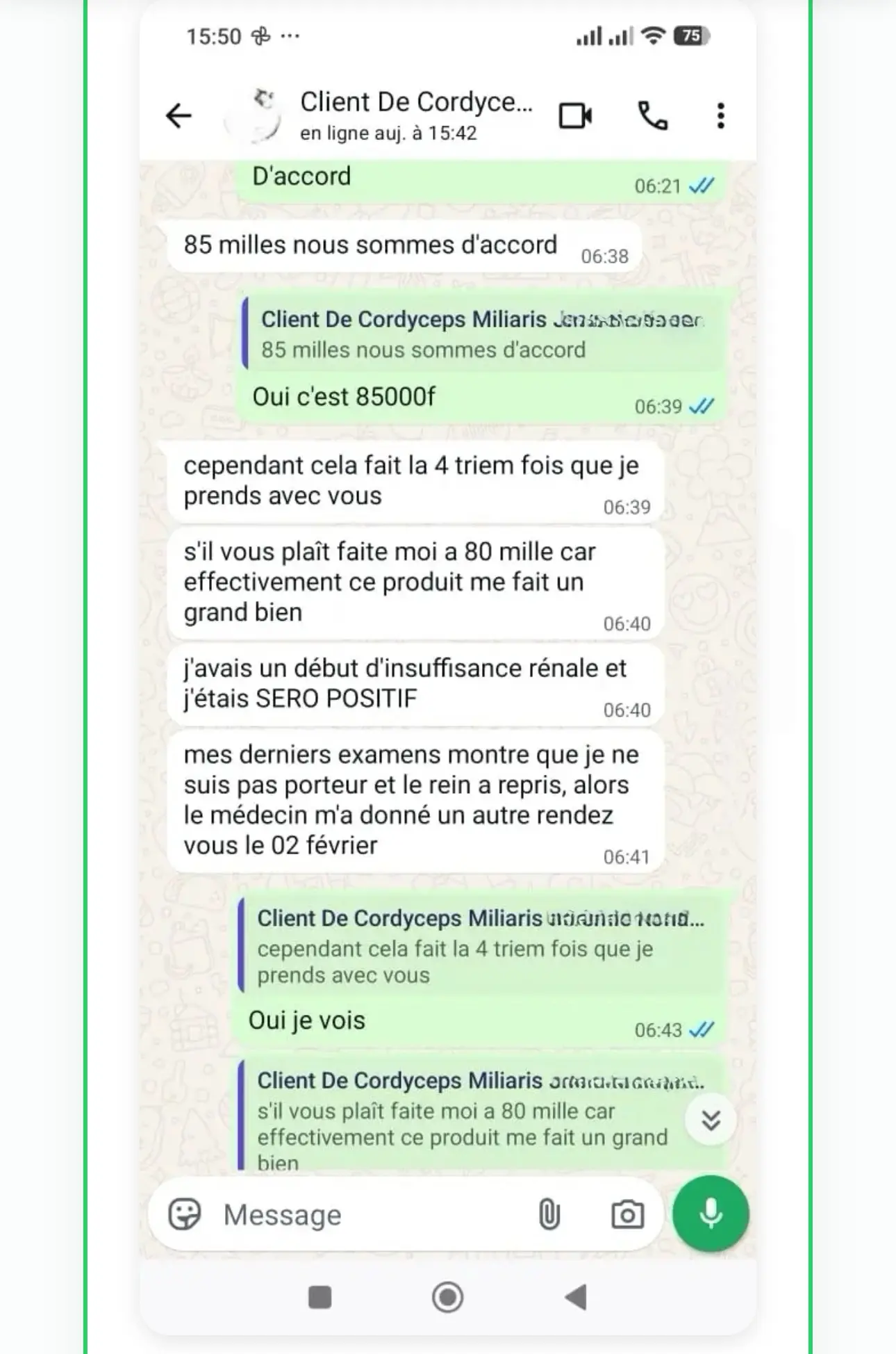 Témoignage WhatsApp Cordyceps Militaris